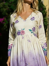  Per donna Abito Midi Vestito Casual Moda Quotidiano All'aperto Vacanza Vestibilità regolare Floreale Manica Lunga Scollo a V Viola Estate Primavera Autunno