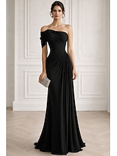 abordables Robes de Soirée Sirène-A-Line Mermaid Trumpet Floor Length Evening Gown Elegant Sleeveless One Shoulder Wedding Formal Stretch Satin with Pleats