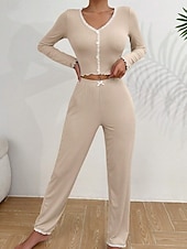 baratos Tops e partes de baixo de dormir para mulher-Mulheres Conjunto de Pijama Casual Conforto Cor imaculada Renda Cintura elástica Calça Diário Casa Manga Longa Decote V Azul Preto Rosa Vermelho Cáqui Verão Primavera Outono Normal