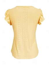 baratos Camiseta lisa-Mulheres Camiseta T-shirt Frufru Ilhó Botões Tecido Moda à moda Clássico Manga Curta Decote V Tops regulares Diário Para Noite Final de semana Branco Amarelo Rosa Azul Céu Verde Verão Primavera