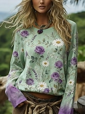  Per donna Camicia Boho Maglietta Stampato Floreale Piante Bohemien Vintage Casual Manica Lunga Girocollo Top Regolari Quotidiano Weekend Abbigliamento da vacanza Verde Estate Primavera Autunno