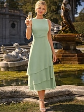 economico Set di abiti per la mamma-Tubino Colonna Lunghezza Tè Abito da invitata a nozze Abito da cerimonia per signora Manica 3/4 Collo gioiello Elegante Ospite di nozze Chiffon Con Stola con Arricciatura