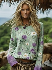  Per donna Camicia Boho Maglietta Stampato Floreale Piante Bohemien Vintage Casual Manica Lunga Girocollo Top Regolari Quotidiano Weekend Abbigliamento da vacanza Verde Estate Primavera Autunno