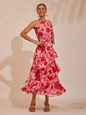 cheap Casual Dress-Spring Blooms Flowy Chiffon Waist-cinching Maxi Dress