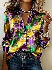 levne Dámské Mardi Gras Oblečení-Mardi Gras Dámské Košile Grafika Geometrický Vinobraní stylové Moderní Dlouhý rukáv Košilový límec Běžné topy Denní Dovolená Fialová Trávová zelená Léto Jaro