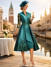 voordelige Thee Lengte-A-lijn Over de knie Feestjurk Cocktail jurk Bruiloft gast jurk Moeder van de bruid jurk 3/4 mouw V-hals Elegant Vintage Formeel Satijn met Kant Effen kleur