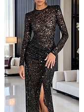 זול שמלות ערב של בתולת ים-בתולת ים  חצוצרה עד הריצפה שמלות נשף שמלות ערב לבוש רשמי אלגנטית נוצץ סגנון של מפורסמים שרוול ארוך צווארון עגול קצר חתונה רשמי תחרה עם נצנוץ אסוף נצנצים