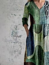 economico Abiti Floreali Stampati-Per donna Abito Midi Abito Camicia Vestito Casual Abito Boho Moda Classico Moderno Quotidiano All'aperto Vacanza Vestibilità regolare Geometrico Manica Lunga Scollo a V Verde Estate Primavera Autunno