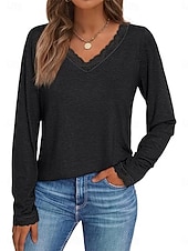 cheap Plain tee-Women's T-Shirt  Solid Color Stylish Casual Long Sleeve V Neck Regular Tops Daily Lace Patchwork Blue Black White Green Dark Gray Spring Fall Winter