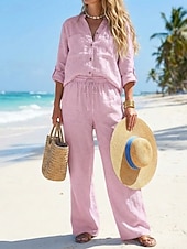 preiswerte Sets-Damen Baumwoll-Leinen-Sets Hosen-Sets Bolero-Oberteil Langarm V Ausschnitt Einfach Kordelzug Mode Streetwear Täglich Outdoor Strand Schwarz Weiß Gelb Sommer Lässiger Schnitt