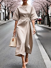 voordelige Eenvoudige jurk-Dames Halflange jurk Werk Jurk Wikkeljurk Elegant Modieus Modern Buiten Vakantie Uitgaan Normale pasvorm Ruim Passend Effen Korte mouw Strakke ronde hals Boothals Zwart Wit Khaki Donkerblauw Zomer