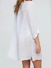 baratos Vestidos de Praia-Mulheres Minivestido Vestido branco vestido de praia Cobertura Elegante Moda Clássico Diário Escritório Praia Ajuste Largo Tecido Manga 3/4 Gola Redonda Branco Verão Primavera