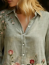  Dámské Košile Boho košile Imitace bavlny a lnu Knoflíky Tisk Květinový Grafika Čechy Aktivní Vinobraní Dlouhý rukáv Košilový límec Běžné topy Denní Dovolená Trávová zelená Jaro Podzim