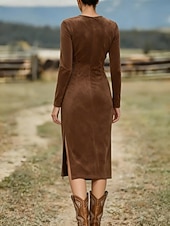 preiswerte Western Boho Kleid-Damen Midikleid Langes Kleid Maxikleid Vintage-Kleid Kleid aus Wildlederimitat Vintage Mode Täglich Outdoor Urlaub Normale Passform Einfach Langarm Rundhalsausschnitt Schwarz Braun Aprikose Sommer