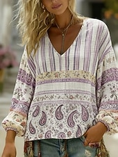  Γυναικεία Πουκάμισο Μπόχο πουκάμισο Λινό από ψεύτικο βαμβάκι Στάμπα Φλοράλ Λαχούρι Βοημία Βίντατζ Κλασσικό Μακρυμάνικο Λαιμόκοψη V Κανονικά μπλουζάκια Καθημερινά Αργίες Εξόδου Βυσσινί