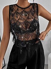 economico Serbatoio Semplice-Per donna Maglietta Canotta Paillettes Tinta unica Moda Caldo Roccia Senza Maniche Girocollo Top Regolari Quotidiano Uscire Weekend Nero Estate Primavera Autunno