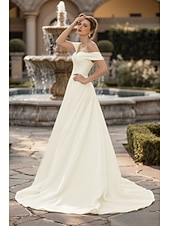  فساتين زفاف A-الخط V رقبة بدون كم ذيل مثل الفرشاة ساتان فساتين الزفاف مع روش لون صلب