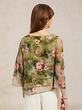  Femmes Chemisier transparent Hauts en mousseline de soie À lacets Fleuri Élégant Manche 3/4 Manche cloche Col ras du cou Quotidien robe demoiselle d honneur Vert mousse Été Printemps Automne