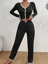 baratos Tops e partes de baixo de dormir para mulher-Mulheres Conjunto de Pijama Casual Conforto Cor imaculada Renda Cintura elástica Calça Diário Casa Manga Longa Decote V Azul Preto Rosa Vermelho Cáqui Verão Primavera Outono Normal