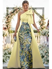 economico Lunghezza del pavimento-Linea ad A Tubino Colonna Lunghezza al pavimento Perline ricamate Abito da invitata a nozze Abito Formale Abito da cerimonia per signora Senza Maniche Monospalla Elegante Vintage Lussuoso Formale Raso