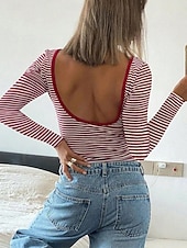 economico T-shirt a righe e geometrico-Per donna Maglietta Stampato A righe Moda Elegante Classico Manica Lunga Girocollo Top Regolari Quotidiano Uscire Weekend Nero Rosa Rosso Blu marino Estate Primavera