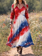 voordelige Onafhankelijkheidsdag Jurk-Onafhankelijkheidsdag Patriottische Dames Midi Jurk Casual Jurk Feest Casual Boho Date Reguliere Pasvorm Grafische Abstract Lange Mouwen V-hals Rood Zomer Lente