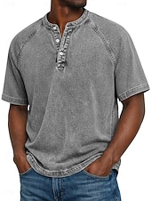 economico magliette di base-Per uomo Maglietta Maglia Henley Camicia di Jeans Camicia 100% cotone lavaggio acido Manica Corta Semplice Vintage Streetwear Casual Tinto in capo Lavato Manica corta Collo alla coreana Henley