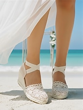 voordelige Vrouwen-Dames gehaakte kant espadrillesandalen met sleehak – vintage stijl gesloten teen platform schoenen met enkelbandjes, ideaal voor zomerse strandbruiloften en tuinfeesten