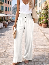 baratos Calças de Luxo-Mulheres Calças de linho de algodão Perna larga chinês Calças Férias Roupa de rua Básico Comprimento total Cintura Média Tecido Bolsos Cintura elástica Confortável Conforto Micro-Elástica Ao ar livre