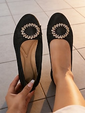 Χαμηλού Κόστους Μητέρα της Νύφης/του Γαμπρού-Γυναικεία μαύρα φλατ παπούτσια με αγκράφα και στρας, κομψά χαμηλοτάκουνα παπούτσια για τη μητέρα της νύφης σε ρουστίκ γάμους σε αχυρώνα