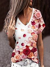 cheap Floral tee-Valentine's Day Women's T Shirt Tee Top Print Floral Graphic Stylish Classic Casual Short Sleeve V Neck Regular Tops Daily Going out Weekend Pink Rose Pink Summer Spring
