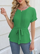 preiswerte Einfache Blusen-Damen Popover-Hemd Sommerhemd Freizeithemd Bluse Gerafft Schnürung Einfach Elegant Stilvoll Basic Kurzarm Rundhalsausschnitt Normale Oberteile Täglich Strand Ferien Blau Schwarz Weiß Grün Sommer