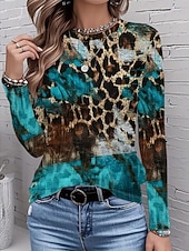 baratos Camiseta listrada e geométrica-Mulheres Camiseta Imprimir Gráfico Geométrica Abstrato Vintage Moda à moda Manga Longa Gola Redonda Tops regulares Diário Azul Vermelho Roxo Fúcsia Marron Verão Primavera