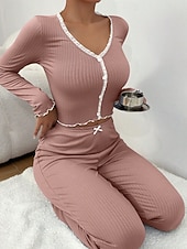 baratos Tops e partes de baixo de dormir para mulher-Mulheres Conjunto de Pijama Casual Conforto Cor imaculada Renda Cintura elástica Calça Diário Casa Manga Longa Decote V Azul Preto Rosa Vermelho Cáqui Verão Primavera Outono Normal