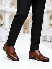 voordelige Oxford Shoes-Men's Brown Faux Leather Oxford Dress Shoes, Classic Lace-Up Design, Polished Finish, Elegant Formal Style for Grooms &amp; Wedding Guests