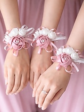 abordables Boda ACC-Ramillete de muñeca de rosas para mujer, flor de cinta de poliéster con pulsera elástica de perlas falsas, varios colores, accesorio elegante para damas de honor y novias para bodas, bailes de graduación y eventos formales.