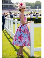 abordables Longitud del té-Corte A Vestido Midi Vestido Cóctel Vestido Invitada Boda Vestido Derby Vestido de Madrina Sin Mangas Camiseta con cuello redondo Elegante Invitado a la boda El derby de Kentucky Satén con Impresión