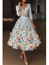  A-linje Ankellengde Cocktailkjoler Elegant Årgang Blomster Halvlange ermer V-hals Bryllup Formell Rosa kjole Sateng Blonder med Broderi Lomme