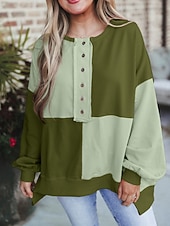 Недорогие Простые худи-Жен. Pullover Толстовки Пэчворк Пуговицы Контрастных цветов Мода Классика Современное Длинный рукав Вырез под горло Обычные топы Для улицы На каждый день Синий Черный Розовый Небесно-голубой Зеленый