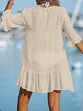 お買い得  ホワイトカジュアルドレス-女性用 ミニドレス サンドレス 白いドレス ファッション 近代の アウトドア ビーチ バケーション ルーズフィット 平織り 長袖 Ｖネック ブラック ホワイト カーキ色 夏 春 秋