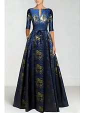 cheap A-Line Evening Dresses-Blue Jacquard Brocade A-Line Evening Gown Elegant Formal Dress Formal Wedding Floor Length Short Sleeve V Neck Nylon with Slit Pocket