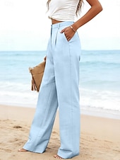 preiswerte Wesentliche Falsche Unterteile-Damen Kunstbaumwollleinen Weites Bein Freizeithose Sommerhose Urlaub Streetwear Basic Volle Länge Mittlere Taillenlinie Einfach Tasche Atmungsaktivität Bequem Unelastisch Täglich Outdoor Urlaub Blau