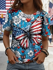 billiga Självständighetsdagen Topp-Självständighetsdagen Amerikansk Jubileum Patriotisk Kvinnors T-shirt Grafisk Bokstav Flagga Vintage Stilfull Casual Kortärmad Crew Neck Dags- och Weekendtryck Blå Rosa Röd Sommar Vår