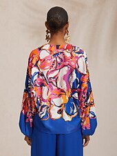 cheap Shirts,Tops &amp; Blouses-Vacation Artistic Floral Dolman Sleeve Satin Top