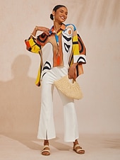 cheap Blouses &amp; Shirts-Abstract Art Silky Satin Top