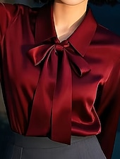 Χαμηλού Κόστους Επίσημες Μπλούζες-Γυναικεία Κομψή Σατέν Μπλούζα Μπλούζα Ντυτές μπλούζες Σουρωτά γραβάτα μπροστά Κουρελού Σκέτο Κομψό Βίντατζ Στυλάτο Μακρυμάνικο Λαιμόδεση Κανονικά μπλουζάκια Καθημερινά Δουλειά Αργίες Κρασί