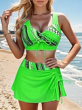 baratos Tankinis-Mulheres Roupa de Banho Tankini 2 partes Cavado roupa de banho Elegante Férias Gráfico Geométrico Decote V Sem Manga Fatos de banho