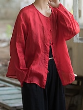 baratos Coleção de Linho Premium-Camisa feminina 100% linho, blusa com botões, lisa, estilo vintage, manga longa, gola redonda, tops regulares para uso diário, férias, sair, nas cores preto, rosa, vermelho e verde, para verão e primavera.