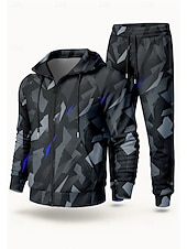 Недорогие спортивные костюмы-Муж. Толстовка Спортивный костюм Комплект спортивной одежды Кулиска Застегнуться Геометрия Наборы одежды Осень Зима Тёмно-синий Темно-серый Назначение На открытом воздухе Путешествия Легкость Мода