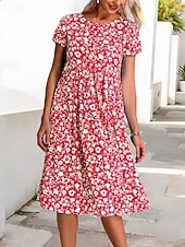 economico Abiti casual floreali-Per donna Abito Midi Abito Floreale Abito Stampato Moda Moderno All'aperto Vacanza Weekend Vestibilità comoda Floreale Manica Corta Girocollo Blu Rosso Viola Verde Estate Primavera